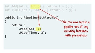 int Add(int i, int j) { return i + j; }
int Times(int i, int j) { return i * j; }
public int PipelineWithParams()
{
return...