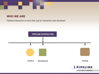 WHO WE ARE Pipeline Interactive is more than just an interactive web developer. Creative Development Hosting PIPELINE INTE...