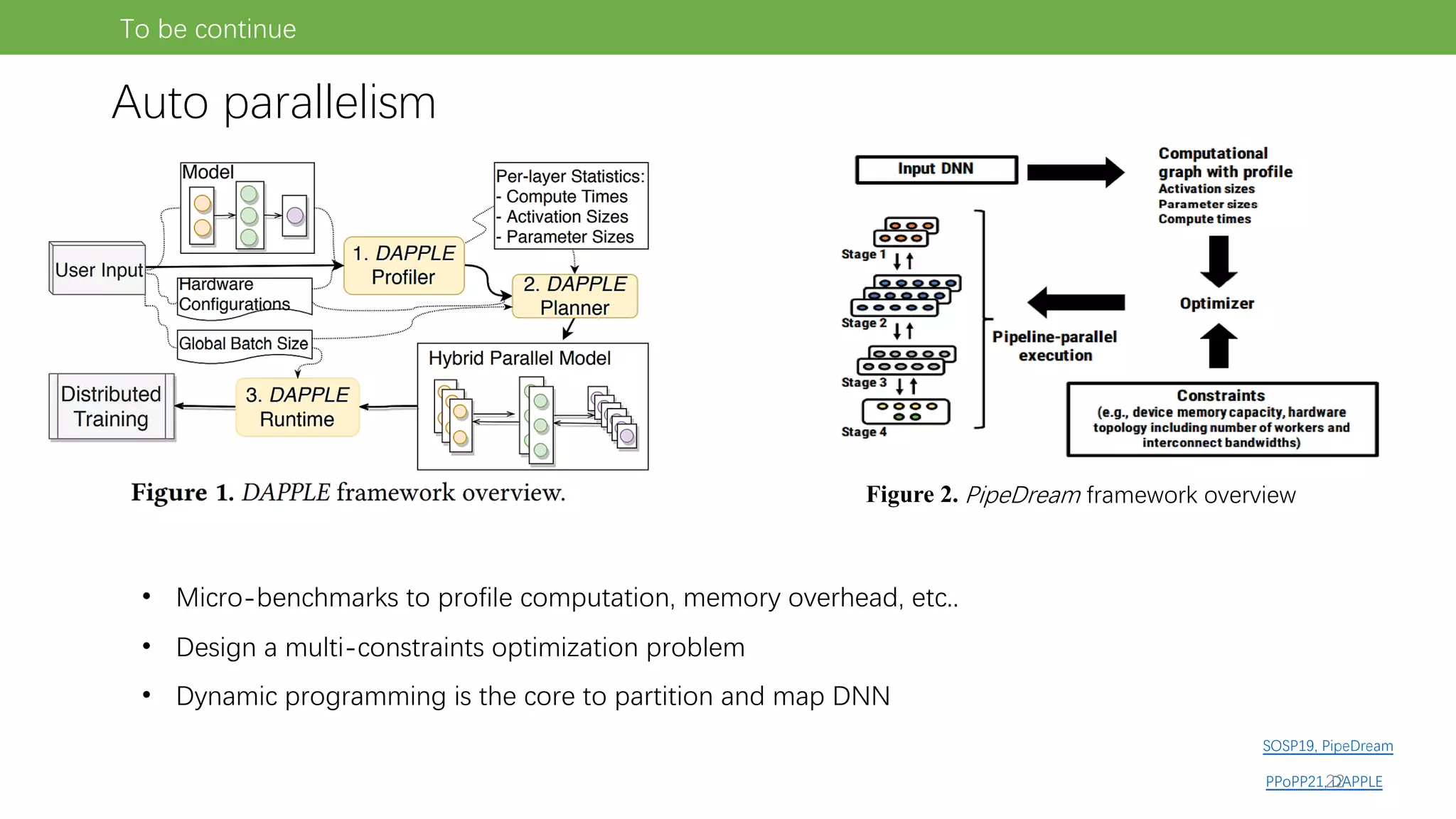 To be continue
Auto parallelism
SOSP19, PipeDream
PPoPP21, DAPPLE
Figure 2. PipeDream framework overview
• Micro-benchmarks to profile computation, memory overhead, etc..
• Design a multi-constraints optimization problem
• Dynamic programming is the core to partition and map DNN
22
 