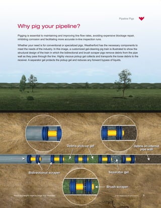 Pipeline Pigs


    Why pig your pipeline?
    Pigging is essential to maintaining and improving line flow rates, avoiding expensive blockage repair,
    inhibiting corrosion and facilitating more accurate in-line inspection runs.

    Whether your need is for conventional or specialized pigs, Weatherford has the necessary components to
    meet the needs of the industry. In this image, a customized gel-cleaning pig train is illustrated to show the
    structural design of the train in which the bidirectional and brush scraper pigs remove debris from the pipe
    wall as they pass through the line. Highly viscous pickup gel collects and transports the loose debris to the
    receiver. A separator gel protects the pickup gel and reduces any forward bypass of liquids.




                                                        Debris pick-up gel                                                 Debris on internal
                                                                                                                               pipe wall




                  Bidirectional scraper                                               Separator gel



                                                                                    Brush scraper

Actual slug lengths might be longer than illustrated.                                       © 2011 Weatherford. All rights reserved.   3
 
