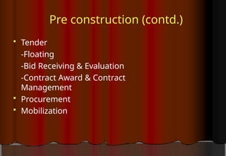 Pre construction (contd.)
 Tender
-Floating
-Bid Receiving & Evaluation
-Contract Award & Contract
Management
 Procurement
 Mobilization
 