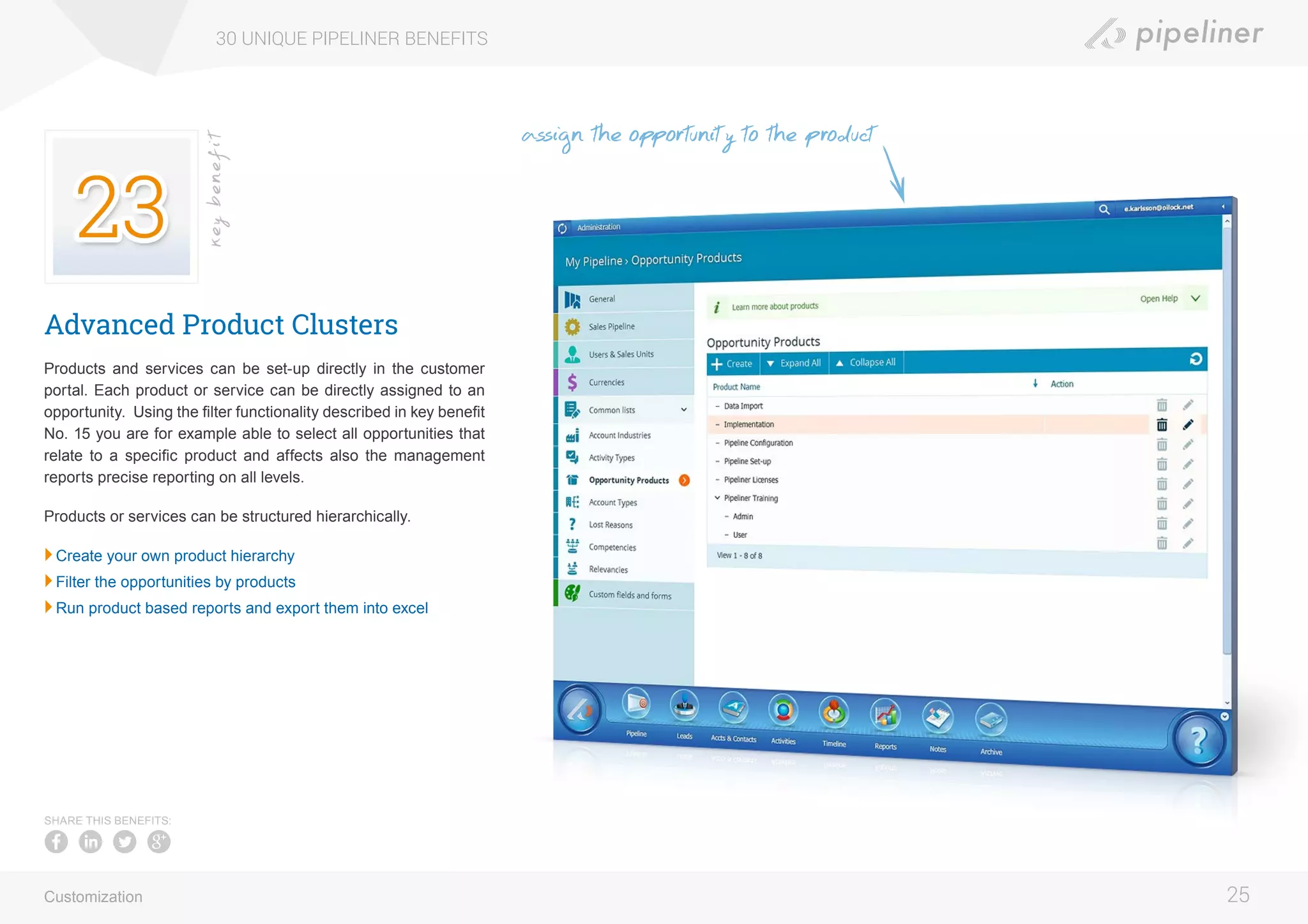 Advanced Product Clusters
Products and services can be set-up directly in the customer
portal. Each product or service can be directly assigned to an
opportunity.  Using the filter functionality described in key benefit
No. 15 you are for example able to select all opportunities that
relate to a specific product and affects also the management
reports precise reporting on all levels.
Products or services can be structured hierarchically.
	Create your own product hierarchy
	Filter the opportunities by products
	Run product based reports and export them into excel
30 UNIQUE PIPELINER BENEFITS
25
keybenefit
Customization
SHARE THIS BENEFITS:
assign the opportunity to the product
 