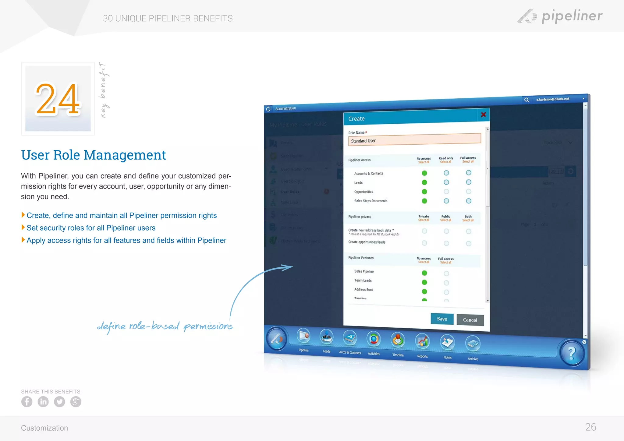 User Role Management
With Pipeliner, you can create and deﬁne your customized per-
mission rights for every account, user, opportunity or any dimen-
sion you need.
	Create, define and maintain all Pipeliner permission rights
	Set security roles for all Pipeliner users
	Apply access rights for all features and fields within Pipeliner
30 UNIQUE PIPELINER BENEFITS
26
keybenefit
Customization
SHARE THIS BENEFITS:
define role-based permissions
 