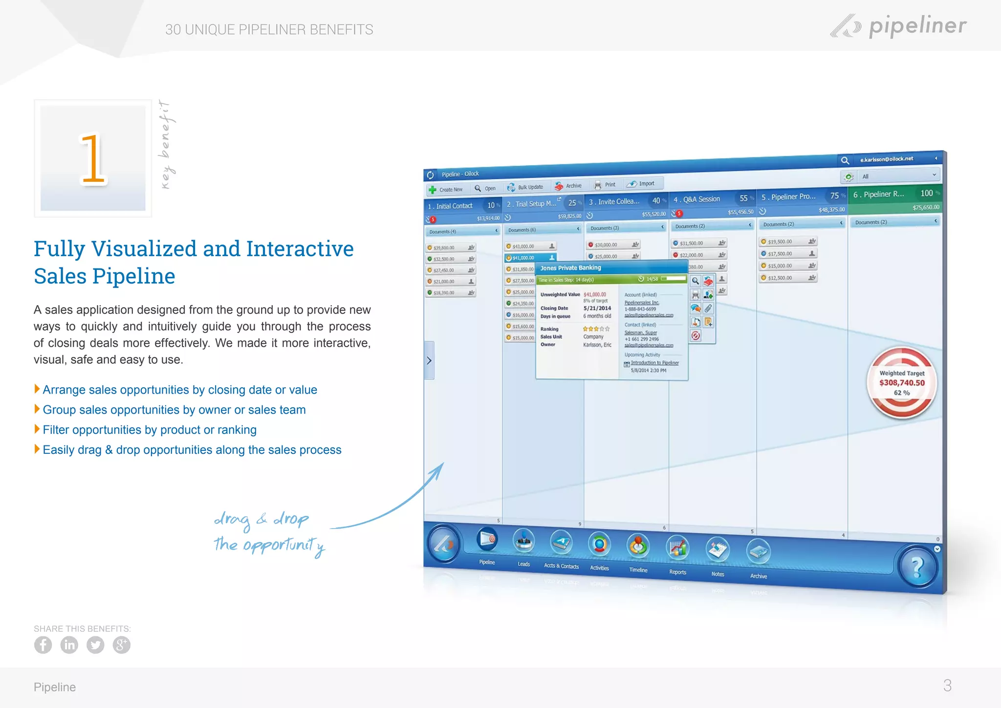 Fully Visualized and Interactive
Sales Pipeline
A sales application designed from the ground up to provide new
ways to quickly and intuitively guide you through the process
of closing deals more effectively. We made it more interactive,
visual, safe and easy to use.
	Arrange sales opportunities by closing date or value
	Group sales opportunities by owner or sales team
	Filter opportunities by product or ranking
	Easily drag & drop opportunities along the sales process
30 UNIQUE PIPELINER BENEFITS
3Pipeline
keybenefit
SHARE THIS BENEFITS:
drag & drop
the opportunity
 
