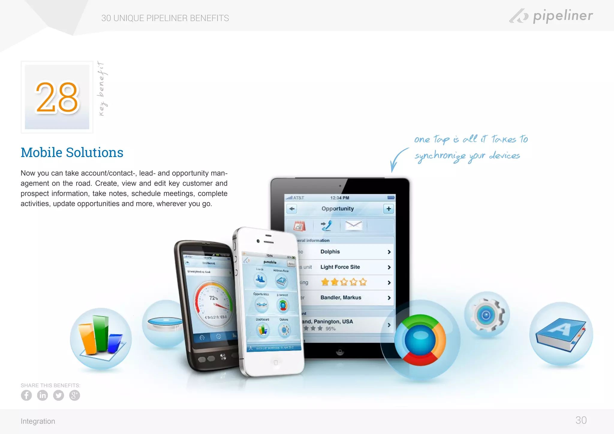 Mobile Solutions
Now you can take account/contact-, lead- and opportunity man-
agement on the road. Create, view and edit key customer and
prospect information, take notes, schedule meetings, complete
activities, update opportunities and more, wherever you go.
30 UNIQUE PIPELINER BENEFITS
30
keybenefit
Integration
SHARE THIS BENEFITS:
one tap is all it takes to
synchronize your devices
 