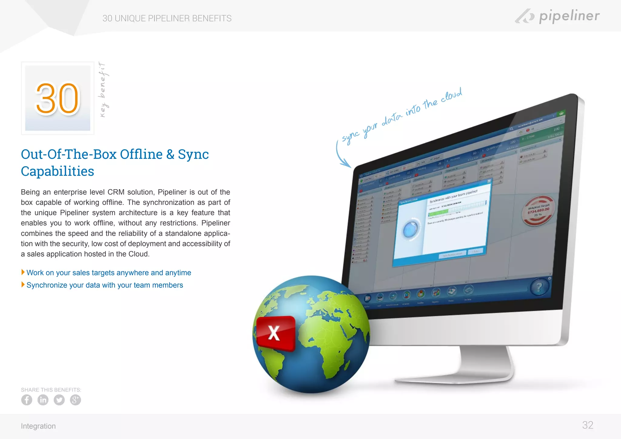 Out-Of-The-Box Offline & Sync
Capabilities
Being an enterprise level CRM solution, Pipeliner is out of the
box capable of working offline. The synchronization as part of
the unique Pipeliner system architecture is a key feature that
enables you to work offline, without any restrictions. Pipeliner
combines the speed and the reliability of a standalone applica-
tion with the security, low cost of deployment and accessibility of
a sales application hosted in the Cloud.
	Work on your sales targets anywhere and anytime
	Synchronize your data with your team members
30 UNIQUE PIPELINER BENEFITS
32
keybenefit
Integration
SHARE THIS BENEFITS:
sync your data into the cloud
 