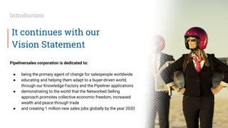 It continues with our
Vision Statement
Pipelinersales corporation is dedicated to:
● being the primary agent of change for salespeople worldwide
● educating and helping them adapt to a buyer-driven world,
through our Knowledge Factory and the Pipeliner applications
● demonstrating to the world that the Networked Selling
approach promotes collective economic freedom, increased
wealth and peace through trade
● and creating 1 million new sales jobs globally by the year 2020
Introduction
 