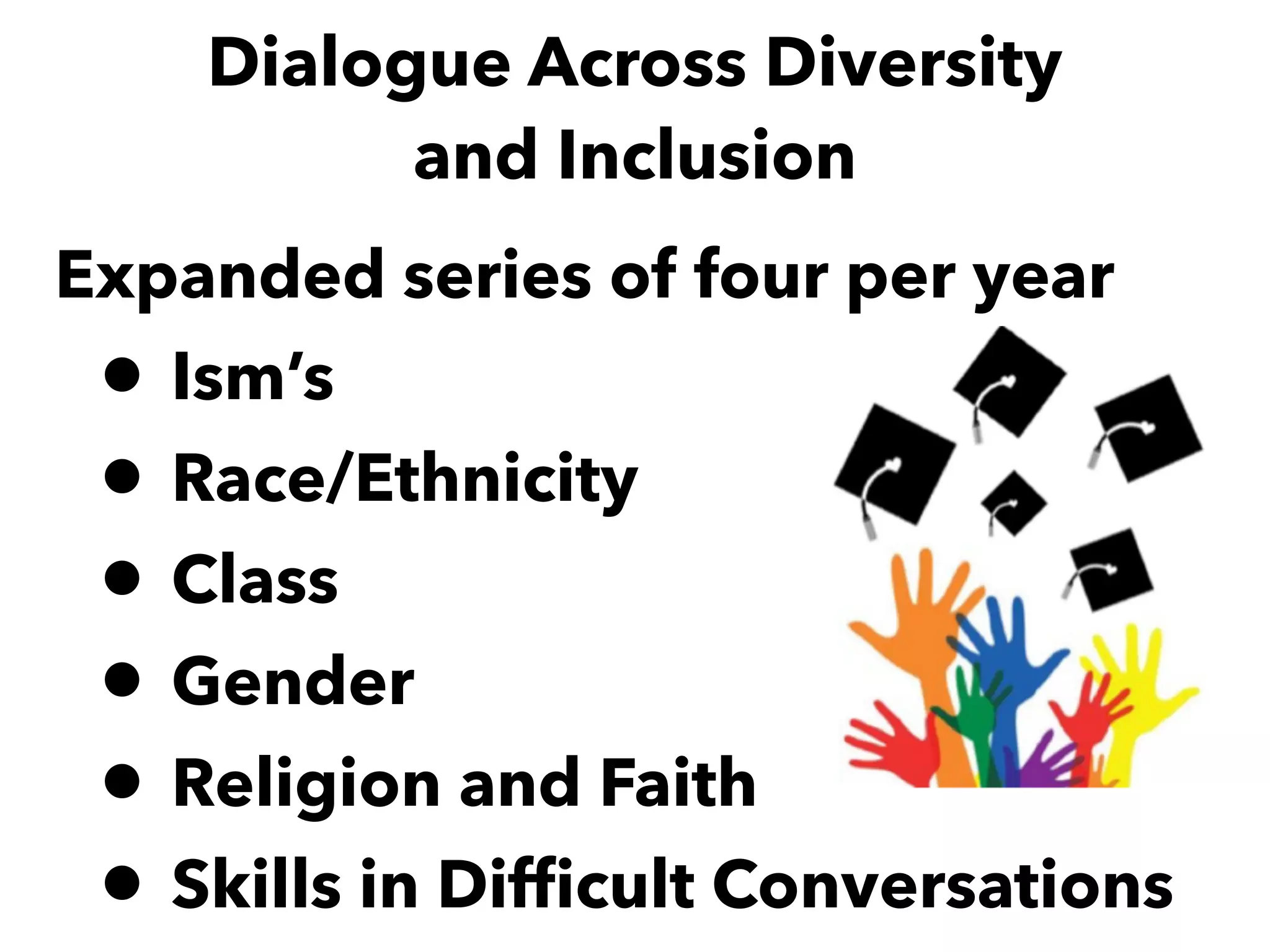 Expanded series of four per year
• Ism’s
• Race/Ethnicity
• Class
• Gender
• Religion and Faith
• Skills in Difﬁcult Conversations
Dialogue Across Diversity  
and Inclusion
 