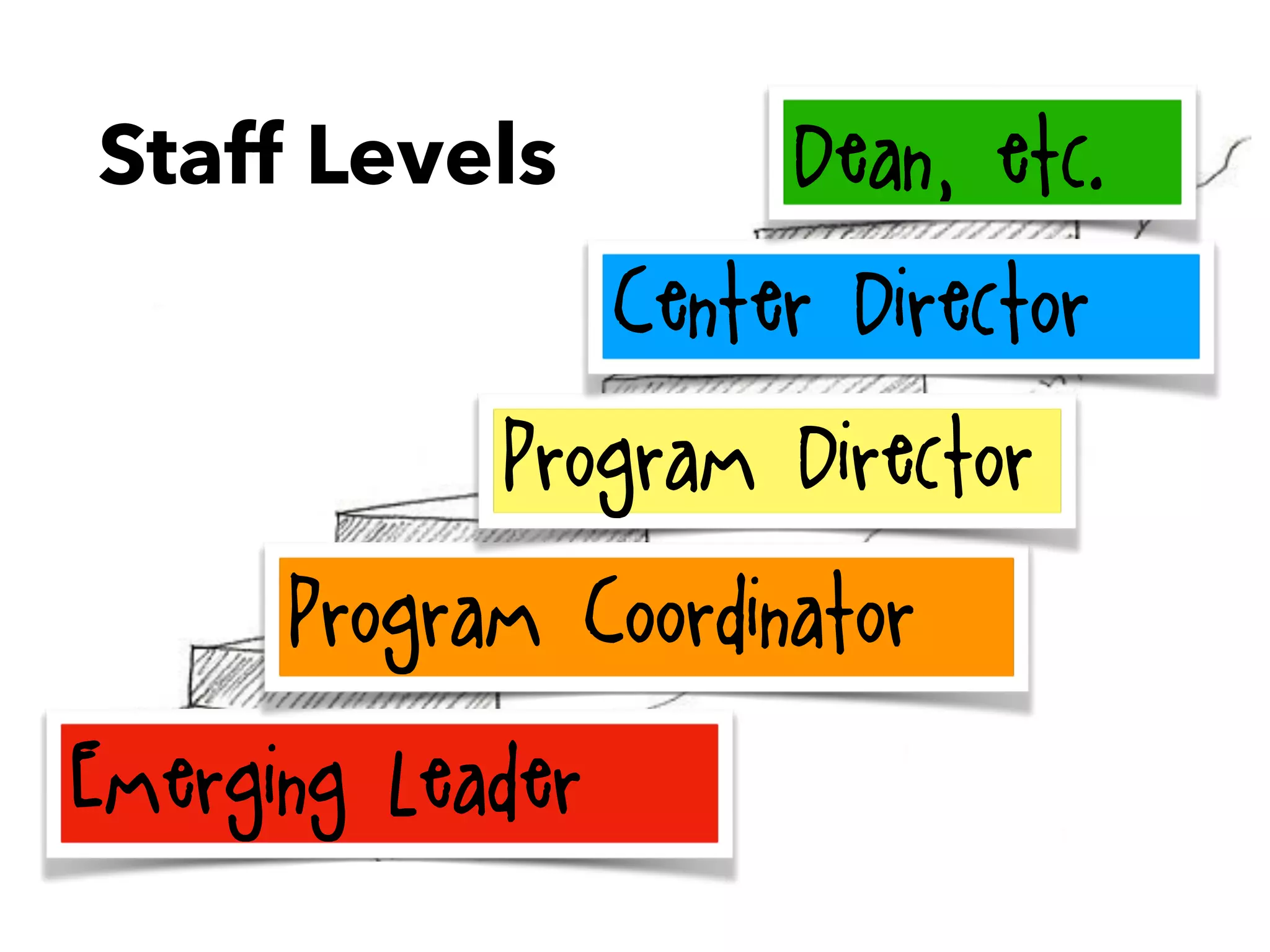 Staff Levels
Emerging Leader
Program Coordinator
Program Director
Center Director
Dean……, etc.
 
