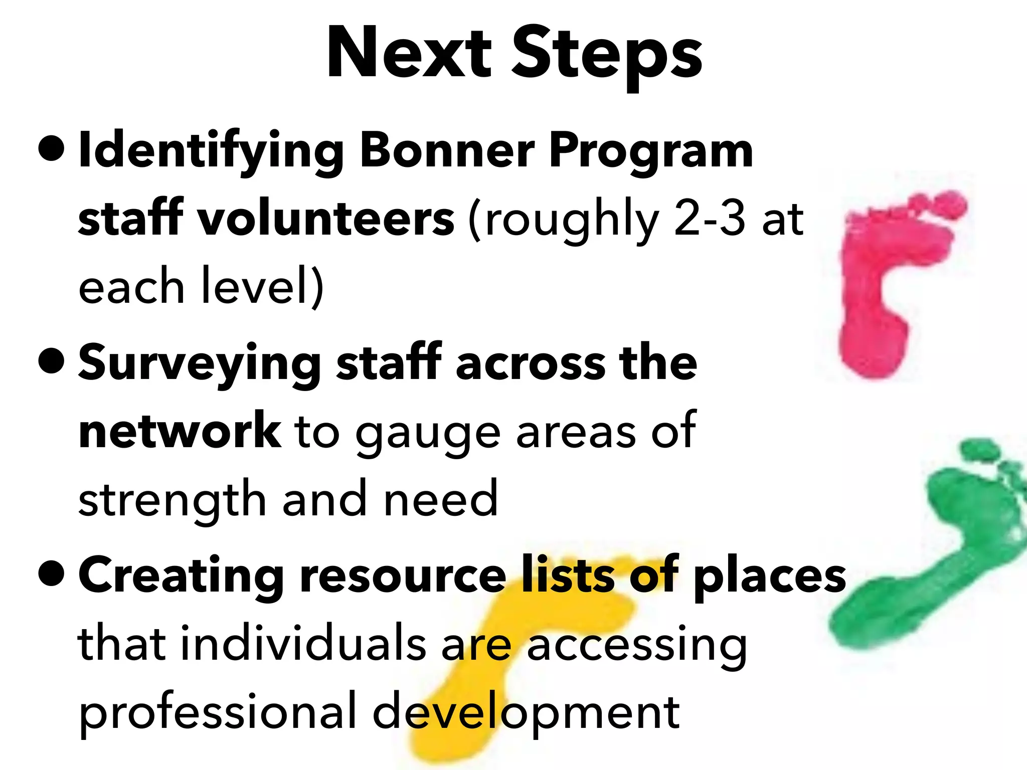 Next Steps
•Identifying Bonner Program
staff volunteers (roughly 2-3 at
each level)
•Surveying staff across the
network to gauge areas of
strength and need
•Creating resource lists of places
that individuals are accessing
professional development
 