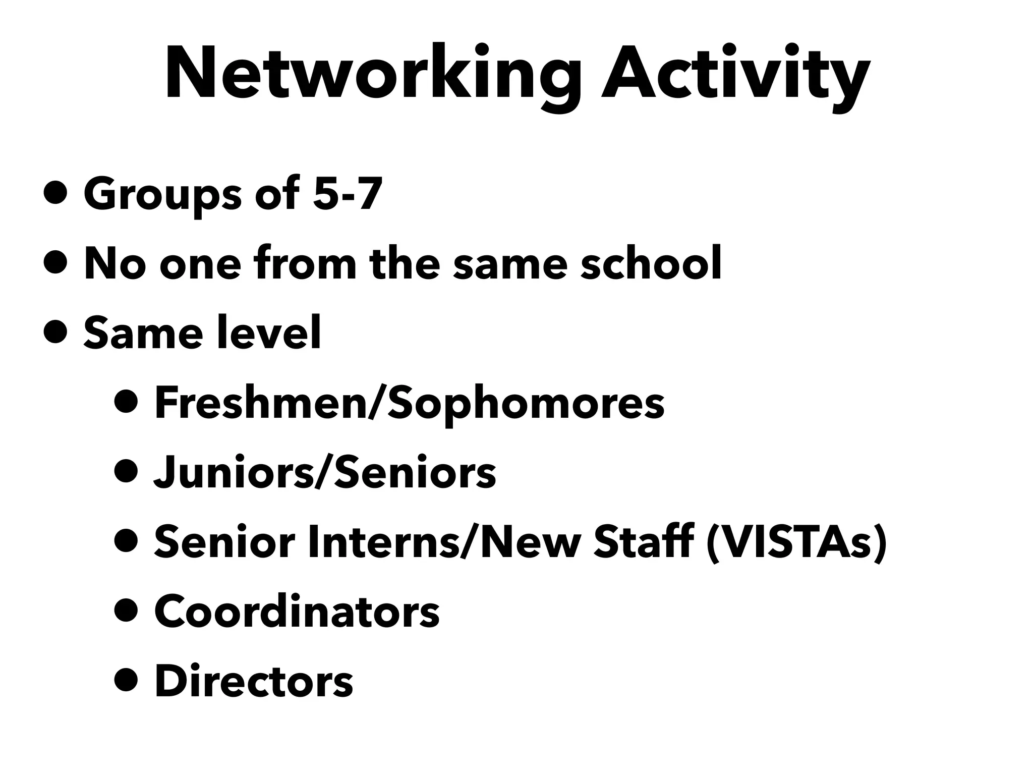 Networking Activity
• Groups of 5-7
• No one from the same school
• Same level
• Freshmen/Sophomores
• Juniors/Seniors
• Senior Interns/New Staff (VISTAs)
• Coordinators
• Directors
 