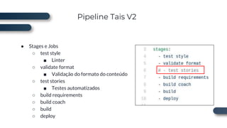 Pipeline Tais V2
● Stages e Jobs
○ test style
■ Linter
○ validate format
■ Validação do formato do conteúdo
○ test stories
■ Testes automatizados
○ build requirements
○ build coach
○ build
○ deploy
 
