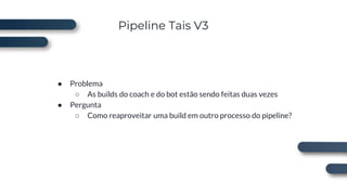 Pipeline Tais V3
● Problema
○ As builds do coach e do bot estão sendo feitas duas vezes
● Pergunta
○ Como reaproveitar uma build em outro processo do pipeline?
 