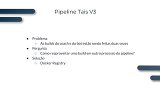 Pipeline Tais V3
● Problema
○ As builds do coach e do bot estão sendo feitas duas vezes
● Pergunta
○ Como reaproveitar uma build em outro processo do pipeline?
● Solução
○ Docker Registry
 