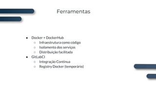 Ferramentas
● Docker + DockerHub
○ Infraestrutura como código
○ Isolamento dos serviços
○ Distribuição facilitada
● GitLabCI
○ Integração Contínua
○ Registry Docker (temporário)
 