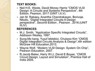 TEXT BOOKS:
 Neil H.E. Weste, David Money Harris “CMOS VLSI
Design: A Circuits and Systems Perspective”, 4th
Edition, Pearson, 2017 (UNIT I,II,V).
 Jan M. Rabaey, Anantha Chandrakasan, Borivoje.
Nikolic, “Digital Integrated Circuits:A Design
perspective”, Second Edition , Pearson , 2016.(UNIT
III,IV)
REFERENCES
 M.J. Smith, “Application Specific Integrated Circuits”,
Addisson Wesley, 1997.
 Sung-Mo kang, Yusuf leblebici, Chulwoo Kim “CMOS
Digital Integrated Circuits:Analysis & Design”,4th edition
McGraw Hill Education,2013.
 Wayne Wolf, “Modern VLSI Design: System On Chip”,
Pearson Education, 2007.
 R.Jacob Baker, Harry W.LI, David E.Boyee, “CMOS
Circuit Design, Layout and Simulation”, Prentice Hall of
India 2005.
 