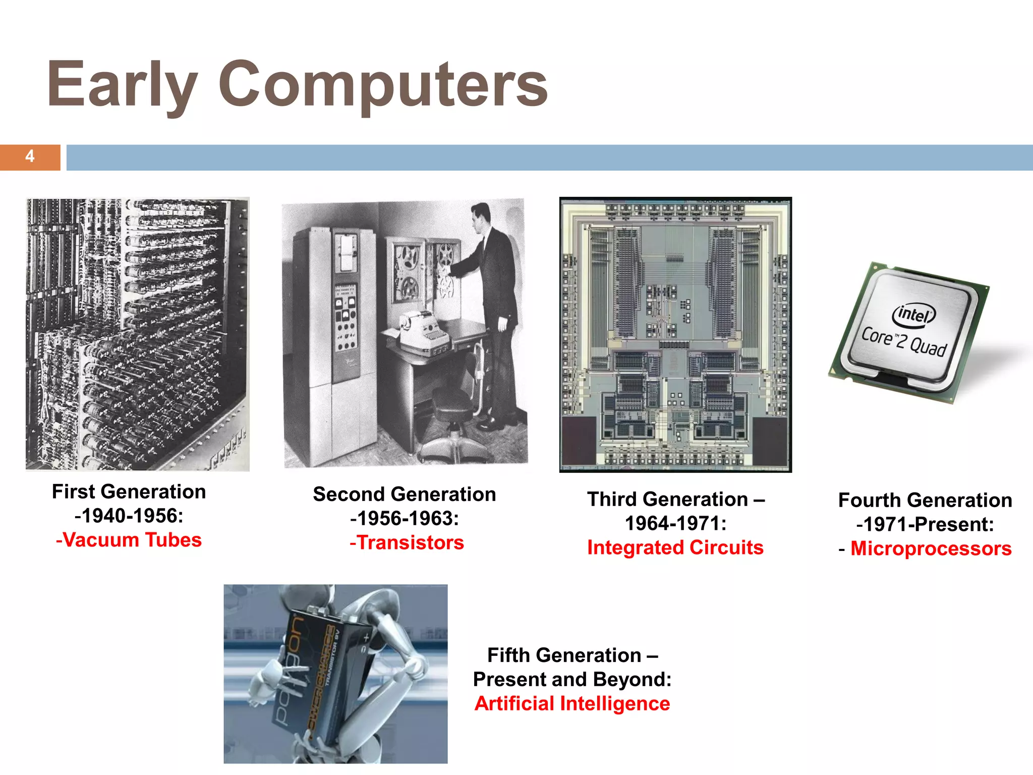 Early Computers
First Generation
-1940-1956:
-Vacuum Tubes
Second Generation
-1956-1963:
-Transistors
Third Generation –
1964-1971:
Integrated Circuits
Fourth Generation
-1971-Present:
- Microprocessors
Fifth Generation –
Present and Beyond:
Artificial Intelligence
4
 