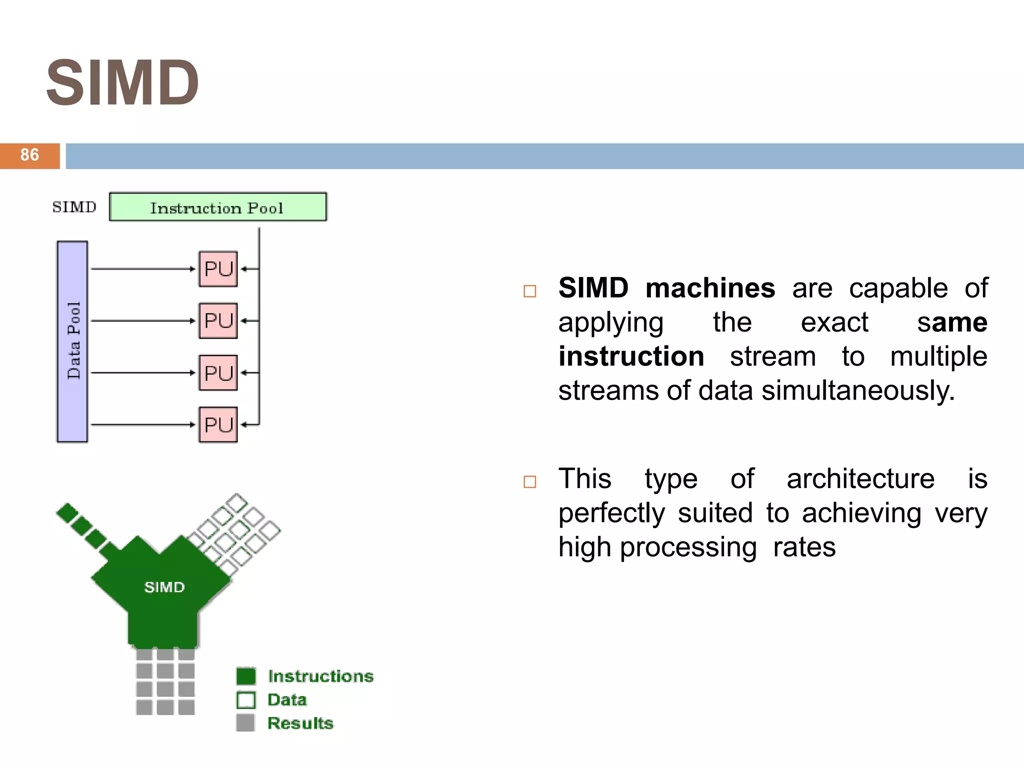 SIMD
 SIMD machines are capable of
applying the exact same
instruction stream to multiple
streams of data simultaneously.
 This type of architecture is
perfectly suited to achieving very
high processing rates
86
 