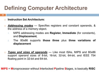 Defining Computer Architecture
 Instruction Set Architecture:
 Addressing modes — Specifies registers and constant operands, &
the address of a memory object.
1. MIPS addressing modes are Register, Immediate (for constants),
and Displacement,
2. The 80x86 supports those three plus three variations of
displacement
 Types and sizes of operands — Like most ISAs, MIPS and 80x86
support operand sizes of 8-bit, 16-bit, 32-bit, 64-bit, and IEEE 754
floating point in 32-bit and 64-bit.
MIPS = Microprocessor without Interlocked Pipeline Stages, is basically RISC
20
 