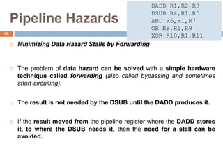 Pipeline Hazards
 Minimizing Data Hazard Stalls by Forwarding
 The problem of data hazard can be solved with a simple hardware
technique called forwarding (also called bypassing and sometimes
short-circuiting).
 The result is not needed by the DSUB until the DADD produces it.
 If the result moved from the pipeline register where the DADD stores
it, to where the DSUB needs it, then the need for a stall can be
avoided.
65
DADD R1,R2,R3
DSUB R4,R1,R5
AND R6,R1,R7
OR R8,R1,R9
XOR R10,R1,R11
 