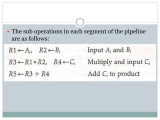  The sub operations in each segment of the pipeline
are as follows:
 