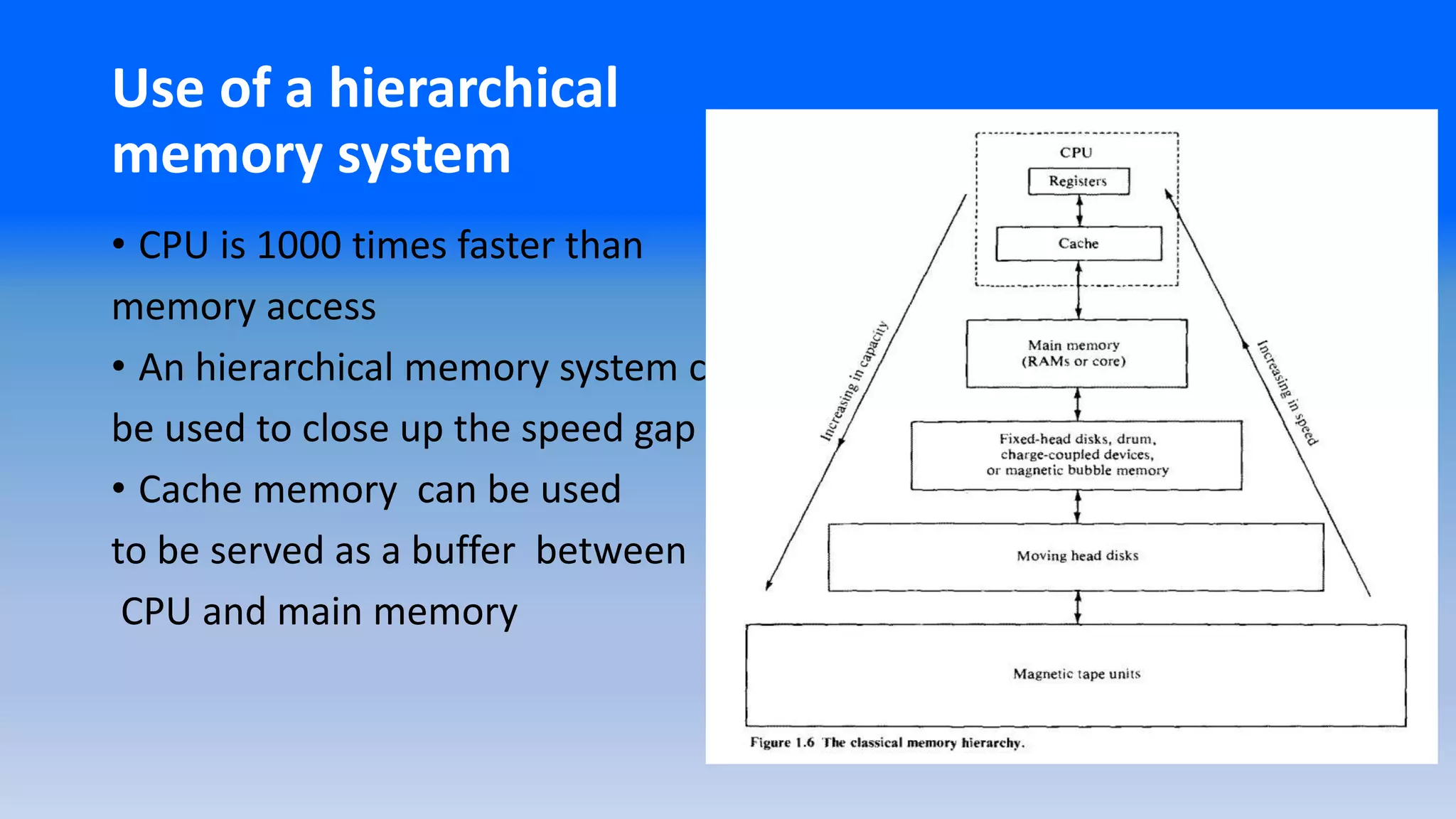 Use of a hierarchical
memory system
• CPU is 1000 times faster than
memory access
• An hierarchical memory system can
be used to close up the speed gap
• Cache memory can be used
to be served as a buffer between
CPU and main memory
 