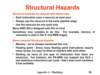 Appendix A - Pipelining 24
Structural Hazards
Structural hazards are reduced with these rules:
• Each instruction uses a resource at most once
• Always use the resource in the same pipeline stage
• Use the resource for one cycle only
Many RISC ISA’a designed with this in mind
Sometimes very complex to do this. For example, memory of
necessity is used in the IF and MEM stages.
Some common Structural Hazards:
• Memory - we’ve already mentioned this one.
• Floating point - Since many floating point instructions require
many cycles, it’s easy for them to interfere with each other.
• Starting up more of one type of instruction than there are
resources. For instance, the PA-8600 can support two ALU +
two load/store instructions per cycle - that’s how much hardware
it has available.
 