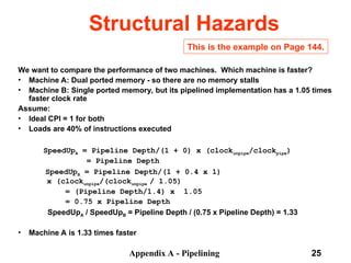 Appendix A - Pipelining 25
Structural Hazards
We want to compare the performance of two machines. Which machine is faster?
• Machine A: Dual ported memory - so there are no memory stalls
• Machine B: Single ported memory, but its pipelined implementation has a 1.05 times
faster clock rate
Assume:
• Ideal CPI = 1 for both
• Loads are 40% of instructions executed
SpeedUpA = Pipeline Depth/(1 + 0) x (clockunpipe/clockpipe)
= Pipeline Depth
SpeedUpB = Pipeline Depth/(1 + 0.4 x 1)
x (clockunpipe/(clockunpipe / 1.05)
= (Pipeline Depth/1.4) x 1.05
= 0.75 x Pipeline Depth
SpeedUpA / SpeedUpB = Pipeline Depth / (0.75 x Pipeline Depth) = 1.33
• Machine A is 1.33 times faster
This is the example on Page 144.
 