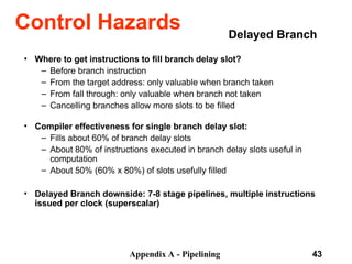 Appendix A - Pipelining 43
Delayed Branch
• Where to get instructions to fill branch delay slot?
– Before branch instruction
– From the target address: only valuable when branch taken
– From fall through: only valuable when branch not taken
– Cancelling branches allow more slots to be filled
• Compiler effectiveness for single branch delay slot:
– Fills about 60% of branch delay slots
– About 80% of instructions executed in branch delay slots useful in
computation
– About 50% (60% x 80%) of slots usefully filled
• Delayed Branch downside: 7-8 stage pipelines, multiple instructions
issued per clock (superscalar)
Control Hazards
 