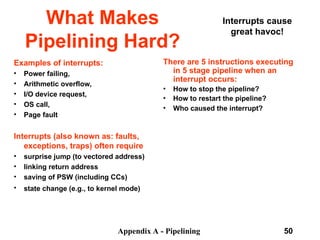 Appendix A - Pipelining 50
What Makes
Pipelining Hard?
Examples of interrupts:
• Power failing,
• Arithmetic overflow,
• I/O device request,
• OS call,
• Page fault
Interrupts (also known as: faults,
exceptions, traps) often require
• surprise jump (to vectored address)
• linking return address
• saving of PSW (including CCs)
• state change (e.g., to kernel mode)
Interrupts cause
great havoc!
There are 5 instructions executing
in 5 stage pipeline when an
interrupt occurs:
• How to stop the pipeline?
• How to restart the pipeline?
• Who caused the interrupt?
 