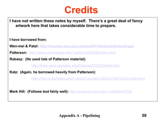 Appendix A - Pipelining 59
Credits
I have not written these notes by myself. There’s a great deal of fancy
artwork here that takes considerable time to prepare.
I have borrowed from:
Wen-mei & Patel: http://courses.ece.uiuc.edu/ece511/lectures/lecture3.ppt
Patterson: http://www.cs.berkeley.edu/~pattrsn/252S98/index.html
Rabaey: (He used lots of Patterson material):
http://bwrc.eecs.berkeley.edu/Classes/CS252/index.htm
Katz: (Again, he borrowed heavily from Patterson):
http://http.cs.berkeley.edu/~randy/Courses/CS252.F95/CS252.Intro.html
Mark Hill: (Follows text fairly well): http://www.cs.wisc.edu/~markhill/cs752/
 
