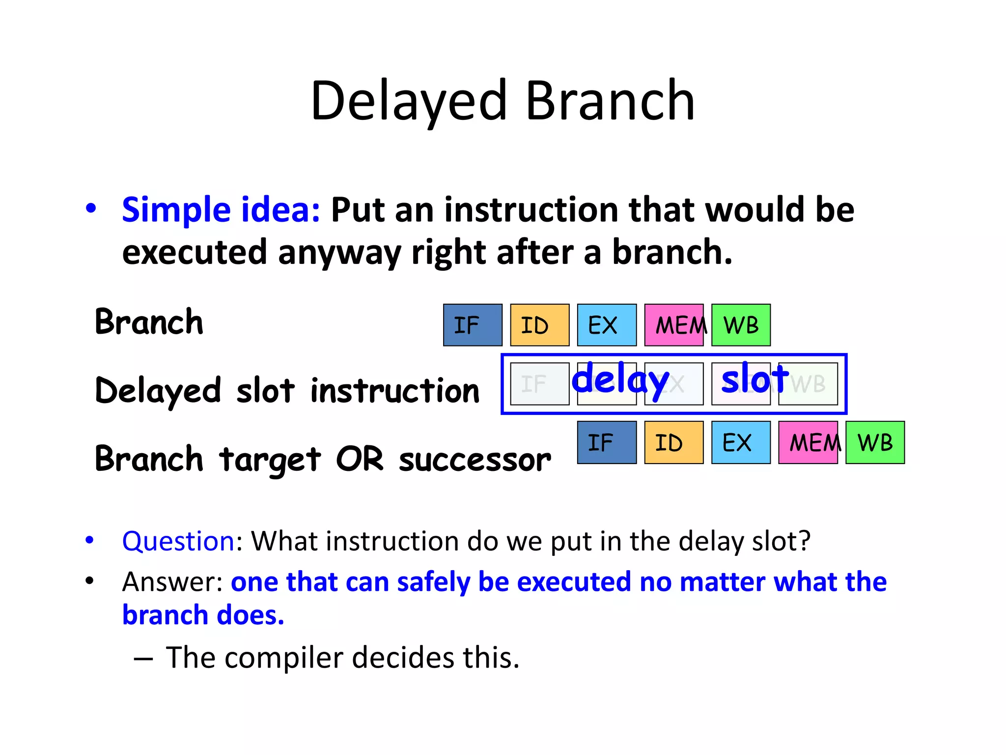 Delayed Branch
• Simple idea: Put an instruction that would be
executed anyway right after a branch.
• Question: What instruction do we put in the delay slot?
• Answer: one that can safely be executed no matter what the
branch does.
– The compiler decides this.
IF ID EX MEM WB
IF
IF ID EX MEM WB
ID EX MEM WB
Branch
Delayed slot instruction
Branch target OR successor
delay slot
 