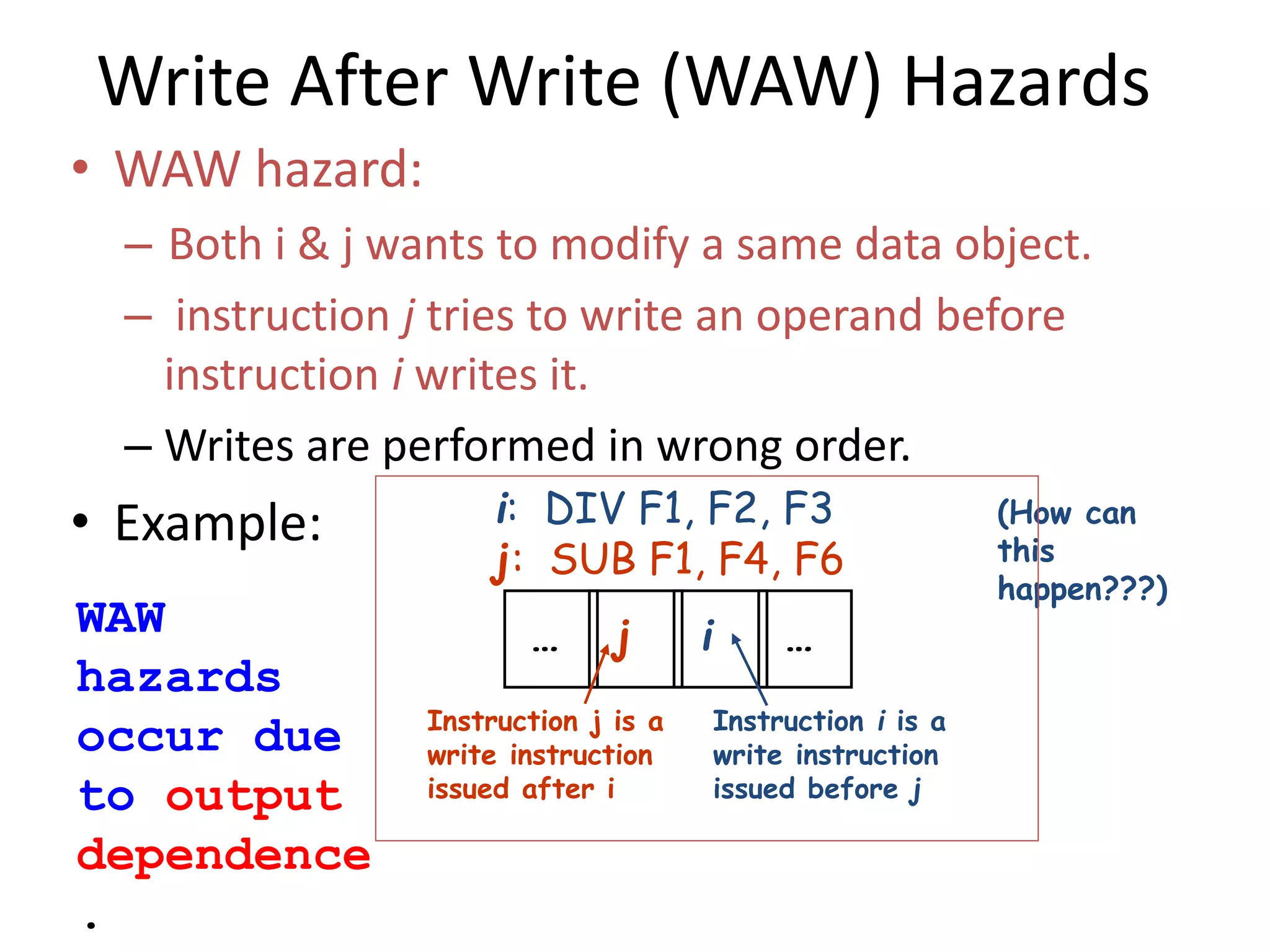 Write After Write (WAW) Hazards
• WAW hazard:
– Both i & j wants to modify a same data object.
– instruction j tries to write an operand before
instruction i writes it.
– Writes are performed in wrong order.
• Example:
… j i …
Instruction j is a
write instruction
issued after i
Instruction i is a
write instruction
issued before j
i: DIV F1, F2, F3
j: SUB F1, F4, F6
(How can
this
happen???)
WAW
hazards
occur due
to output
dependence
.
 