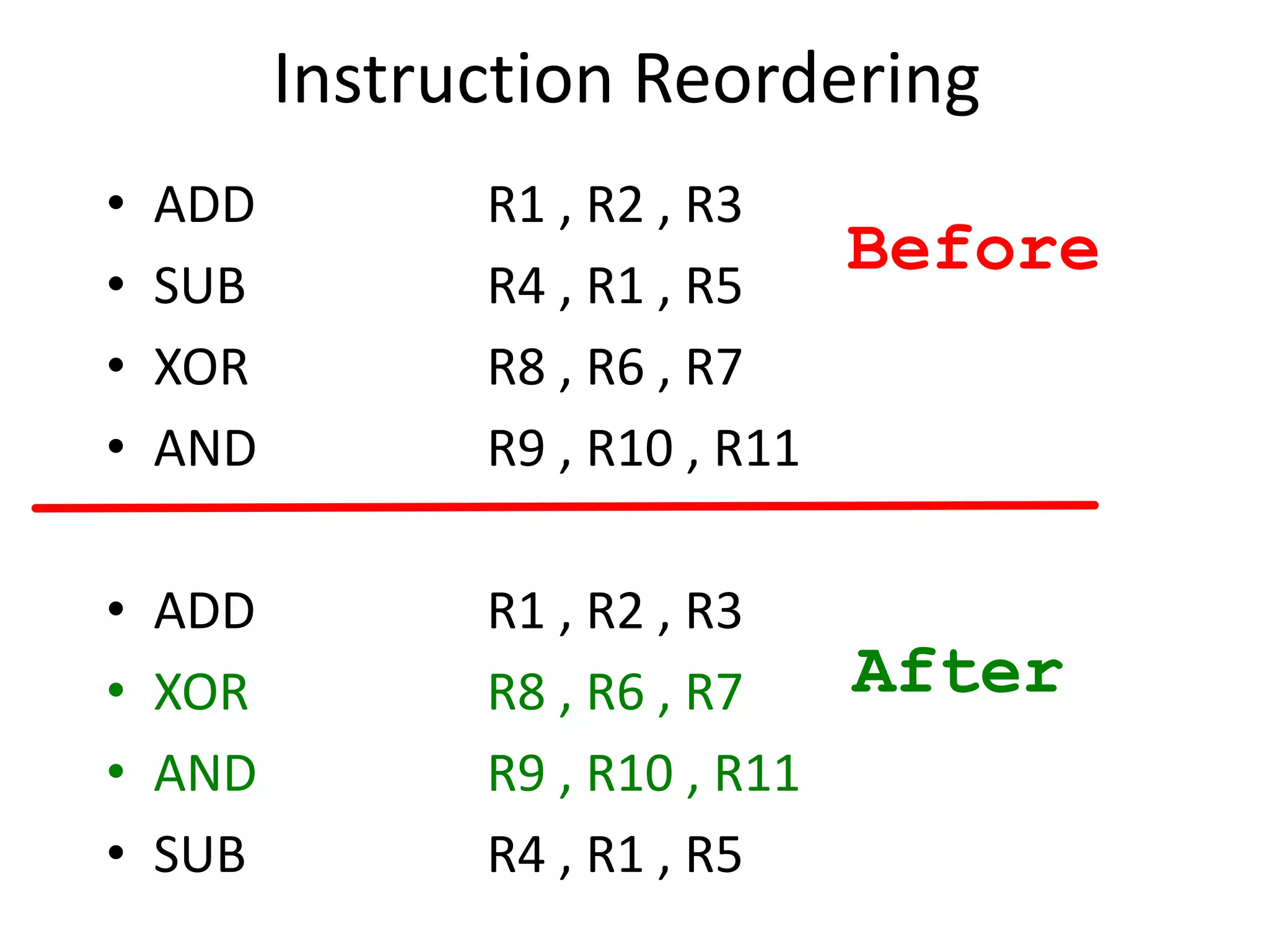 Instruction Reordering
• ADD R1 , R2 , R3
• SUB R4 , R1 , R5
• XOR R8 , R6 , R7
• AND R9 , R10 , R11
• ADD R1 , R2 , R3
• XOR R8 , R6 , R7
• AND R9 , R10 , R11
• SUB R4 , R1 , R5
Before
After
 