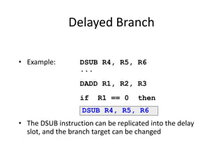 Delayed Branch
• Example:
• The DSUB instruction can be replicated into the delay
slot, and the branch target can be changed
DSUB R4, R5, R6
...
DADD R1, R2, R3
if R1 == 0 then
DSUB R4, R5, R6
 