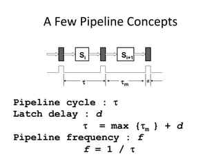 A Few Pipeline Concepts
Si Si+1
 m
d
Pipeline cycle : 
Latch delay : d
 = max {m } + d
Pipeline frequency : f
f = 1 / 
 