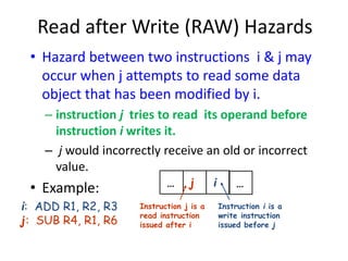 Read after Write (RAW) Hazards
• Hazard between two instructions i & j may
occur when j attempts to read some data
object that has been modified by i.
– instruction j tries to read its operand before
instruction i writes it.
– j would incorrectly receive an old or incorrect
value.
• Example: … j i …
Instruction j is a
read instruction
issued after i
Instruction i is a
write instruction
issued before j
i: ADD R1, R2, R3
j: SUB R4, R1, R6
 