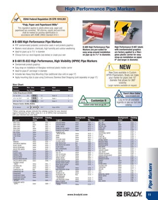 High Performance Pipe Markers

                    OSHA Federal Regulation 29 CFR 1910.261

                   “Pulp, Paper and Paperboard Mills”
       This regulation applies to plants where pulp, paper and
    paperboard are converted. “All chlorine, caustic and acid lines
             shall be marked for positive identification in
           accordance with ASME (ANSI) Standard A13.1.


◗ B-689 High Performance Pipe Markers
•   PVF overlaminated polyester construction seals in and protects graphics
                                                                                                       B-689 High Performance Pipe             High Performance B-681 labels
•   Markers resist abrasion, chemicals, high humidity and outdoor weathering                           Markers are pre-coiled for              with overlaminated graphics
•   Ideal for pipes up to 77⁄ 8" in diameter                                                           easy wrap-around installation           are factory applied to a fiber-
•   Choose from our stock legends (see below) or create your own                                       on pipe up to 77⁄ 8" in diameter.       glass plastic carrier for easy
                                                                                                                                               strap-on installation on pipes
                                                                                                                                               8" and larger in diameter.
◗ B-681/B-833 High Performance, High Visibility (HPHV) Pipe Markers
•   Overlaminate protects graphics
•
•
    Easy strap-on installation of fiberglass reinforced plastic marker carrier
    Ideal for pipes 8” and larger in diameter
                                                                                                                                      !             NEW
                                                                                                                                      New Sizes available in Custom
•   Includes two Heavy-Duty Mounting Clips (additional clips sold on page 17)                                                       HPHV Pipemarkers. Brady can make
•   Apply mounting clips to pipe using Continuous Stainless Steel Strapping (sold separately on page 17)                              your marker for pipes over 10”
                                                                                                                                       diameter that allows for 360O
                                                                                                                                                 visibility
Size Chart                                                                                                                            Larger markers available on request.
Outside                Max. Char.      Letter              Style                     Order
Diameter               Per Marker      Height              Description               Style*
Coiled Wrap-Around (B-689)
                                                                                                                                                           There’s More Online
1
 ⁄ 2" to 13⁄ 8"        22              1
                                        ⁄ 2"               Style 0                   0                                                                       www.bradyid.com
11⁄ 2" to 23⁄ 8"       13              3
                                        ⁄ 4"               Style l                   l
21⁄ 2" to 77⁄ 8"       13              11⁄ 4"              Style ll                  ll                          Customize It                      Log on for all available
Strap-on Carrier (B-681/B-833)
                                                                                                                                                 legends or see our full line
                                                                                                       Custom order form on pg 19                         catalog.
8" & above             16              31⁄ 2"              Style HPHV                HPHV

*When ordering, please indicate the catalog number for your desired
legend followed by the letter code (0, I, II, or HPHV) that corresponds
with your desired size and style.
                              Background        Catalog                                       Background     Catalog                              Background       Catalog
Legend                        Color             No.                Legend                     Color          No.         Legend                   Color            No.
(Blank label)                 Blue              5600 – *           COOLING WATER              Yellow         5667 – *    MILL AIR                 Blue             5724 – *
(Blank label)                 Green             5601 – *           COOLING WATER              Green          5668 – *    MILL WATER               Green            5725 – *
(Blank label)                 Red               5602 – *           DEMIN. WATER               Green          5672 – *    NATURAL GAS              Yellow           5726 – *
(Blank label)                 Yellow            5603 – *           DOMESTIC COLD WATER        Green          5673 – *    NITRIC ACID              Yellow           5727 – *
60# STEAM                     Yellow            5609 – *           DOMESTIC HOT WATER         Yellow         5675 – *    NITROGEN                 Green            5728 – *
65# STEAM                     Yellow            5610 – *                                                                 NITROGEN                 Yellow           5729 – *
                                                                   DOMESTIC HOT                                          NON-POTABLE WATER        Yellow           5730 – *
150# STEAM                    Yellow            5614 – *             WATER RETURN             Yellow         5676 – *
                                                                   DRAIN                      Green          5678 – *    OXYGEN                   Yellow           5736 – *
170# STEAM                    Yellow            5616 – *                                                                 PLANT AIR                Yellow           5738 – *
AIR                           Blue              5625 – *           DRAIN                      Yellow         5679 – *    PLANT WATER              Green            5739 – *
AIR                           Yellow            5627 – *           ETHYLENE OXIDE             Yellow         5683 – *    POTABLE WATER            Green            5744 – *
AMMONIA                       Yellow            5630 – *           FILTERED WATER             Green          5684 – *    PROCESS DRAIN            Yellow           5745 – *
ANHYDROUS AMMONIA             Yellow            5631 – *           FIRE PROTECTION            Red            5688 – *    PROCESS WATER            Yellow           5746 – *
BLACK LIQUOR                  Yellow            5634 – *           FIRE PROTECTION WATER      Red            5689 – *    PROCESS WATER            Green            5747 – *
BOILER BLOWDOWN               Yellow            5636 – *           FLOOR DRAIN                Yellow         5690 – *    RAW WATER                Green            5750 – *
BOILER FEED WATER             Yellow            5637 – *           FOUL CONDENSATE            Yellow         5691 – *    ROOF DRAIN               Green            5754 – *
                                                                   #6 FUEL OIL                Yellow         5694 – *    SANITARY SEWER           Yellow           5755 – *
CAUSTIC                       Yellow            5643 – *                                                                 SEAL WATER               Green            5758 – *
CAUSTIC SODA                  Yellow            5644 – *           FUEL OIL                   Yellow         5695 – *
                                                                   FUEL OIL RETURN            Yellow         5696 – *    SODIUM CHLORATE          Yellow           5760 – *
CHEMICAL FEED                 Yellow            5645 – *                                                                 SODIUM HYPOCHLORITE      Yellow           5761 – *
                                                                   FUEL OIL SUPPLY            Yellow         5697 – *
CHILLED WATER                 Green             5646 – *           GREEN LIQUOR               Yellow         5699 – *    SPRINKLER FIRE           Red              5764 – *
CHILLED WATER RETURN          Green             5647 – *           HEATING SUPPLY             Yellow         5701 – *    SPRINKLER WATER          Red              5765 – *
CHILLED WATER SUPPLY          Green             5648 – *           HEATING WATER RETURN       Yellow         5702 – *    STARCH                   Yellow           5766 – *
CHLORINE DIOXIDE                                                   HEATING WATER SUPPLY       Yellow         5703 – *    STEAM                    Yellow           5767 – *
  LIQUID                      Yellow            5651 – *                                                                 STORM DRAIN              Green            5769 – *
                                                                                                                                                                                 Pipe Markers

                                                                   HEAVY BLACK LIQUOR         Yellow         5704 – *
CHLORINE GAS                  Yellow            5652 – *           HIGH PRESSURE                                         SULFURIC ACID            Yellow           5774 – *
CITY WATER                    Green             5655 – *             CONDENSATE               Yellow         5705 – *    TURPENTINE               Yellow           5776 – *
COMPRESSED AIR                Blue              5660 – *           HIGH PRESSURE STEAM        Yellow         5706 – *    VACUUM                   Green            5777 – *
COMPRESSED AIR                Yellow            5661 – *           HOT WATER                  Yellow         5707 – *    VENT                     Green            5780 – *
                                                                   HYDRAULIC OIL              Yellow         5711 – *    VENT                     Yellow           5781 – *
CONDENSATE                    Yellow            5662 – *                                                                 WARM MILL WATER          Green            5782 – *
CONDENSATE DRAIN              Green             5663 – *           INSTRUMENT AIR             Blue           5716 – *
                                                                   LOW PRESSURE                                          WASTE WATER              Yellow           5784 – *
CONDENSATE RETURN             Yellow            5664 – *             CONDENSATE               Yellow         5719 – *    WATER                    Green            5786 – *
CONDENSER WATER                                                    LOW PRESSURE STEAM         Yellow         5720 – *    WATER                    Yellow           5787 – *
  RETURN                      Green             5665 – *           MAKE-UP WATER              Green          5722 – *    WELL WATER               Green            5790 – *
CONDENSER WATER                                                    MEDIUM PRESSURE
  SUPPLY                      Green             5666 – *             STEAM                    Yellow         5723 – *




                                                                                    www.bradyid.com                                                                              11
 