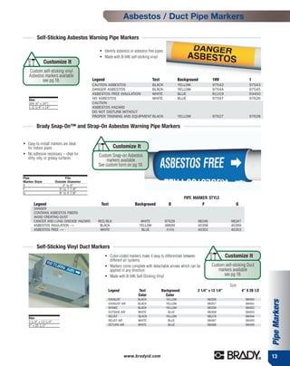 Asbestos / Duct Pipe Markers

         Self-Sticking Asbestos Warning Pipe Markers

                                             ●
                                                   Identify asbestos or asbestos free pipes
                                             ●     Made with B-946 self-sticking vinyl
               Customize It
    Custom self-sticking vinyl
    Asbestos markers available
           see pg 18.                     Legend                                   Text                Background        1HV                     1
                                          CAUTION ASBESTOS              BLACK                          YELLOW            97542                   97543
                                          DANGER ASBESTOS               BLACK                          YELLOW            97544                   97545
                                          ASBESTOS FREE INSULATION      WHITE                          BLUE              81219                   93450
    Size                                  NO ASBESTOS                   WHITE                          BLUE              97597                   97626
    1HV (4" x 24")                        CAUTION
    1 (2 1/4" x 14"                       ASBESTOS HAZARD
                                          DO NOT DISTURB WITHOUT
                                          PROPER TRAINING AND EQUIPMENT BLACK                          YELLOW            97627                   97628

         Brady Snap-On™ and Strap-On Asbestos Warning Pipe Markers

●
    Easy-to-install markers are ideal
    for indoor pipes                                     Customize It
●   No adhesive necessary – ideal for        Custom Snap-on Asbestos
    dirty, oily, or greasy surfaces
                                                  markers available
                                             See custom form on pg 18.

Pipe                          Fits
Marker Style           Outside Diameter
D                           4" to 6"
F                        6" to 7 7/8"
G                        8" to 9 7/8"
                                                                                                          PIPE MARKER STYLE
       Legend                                 Text                     Background               D                  F                    G
       DANGER                                                                                          PIPE MARKER STYLE
       CONTAINS ASBESTOS FIBERS
       AVOID CREATING DUST
       CANCER AND LUNG DISEASE HAZARD       RED/BLK                        WHITE              97629             98246                98247
       ASBESTOS INSULATION --->              BLACK                        YELLOW              48699             40358                40359
       ASBESTOS FREE --->                    WHITE                         BLUE                41416            40352                40353



         Self-Sticking Vinyl Duct Markers
                                                   ●    Color-coded markers make it easy to differentiate between                  Customize It
                                                        different air systems
                                                   ●    Markers come complete with detachable arrows which can be       Custom self-sticking Duct
                                                        applied in any direction                                            markers available
                                                   ●    Made with B-946 Self-Sticking Vinyl                                    see pg 18.

                                                                                                                                     Size
                                                       Legend             Text            Background            2 1/4” x 13 1/4”             4” X 20 1/2
                                                                          Color             Color
                                                       EXHAUST           BLACK                YELLOW                  98356                    98490
                                                                                                                                                           Pipe Markers


                                                       EXHAUST AIR       BLACK                YELLOW                  98357                    98491
                                                       INTAKE            BLACK                YELLOW                  98358                    98492
                                                       OUTSIDE AIR       WHITE                 BLUE                   98368                    98493
                                                       RELIEF            BLACK                YELLOW                  98378                    98494
    Size
    2 1/4" x 13 1/4"                                   RELIEF AIR        WHITE                 BLUE                   98487                    98495
    4" x 20 1/2"                                       RETURN AIR        WHITE                 BLUE                   98488                    98496




                                                                www.bradyid.com                                                                            13
 