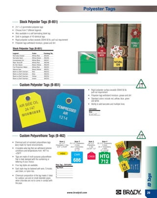 Polyester Tags

         Stock Polyester Tags (B-851)
●   21⁄2" x 2 grommeted polyester tags
●   Choose from 7 different legends
●   Also available in a self laminating blank tag
●   Sold in packages of 10 identical tags
●   Rigid polyester surface exceeds OSHA 50 lb. pull out requirement
●   Polyester tags withstand moisture, grease and dirt

Stock Polyester Tags (B-851)
Legend                    Color          Catalog No.
Normally Closed           White/Red      89245
Normally Open             White/Green    89246
Compressed Air            White/Blue     89247
Main Shut-Off             White/Red      89248
Do Not Adjust             Black/Yellow   89249
Fire Protection Water     White/Red      89250
Natural Gas               Black/Yellow   89251
Blank w/Self Overlam      Red            89252
Blank w/Self Overlam      Blue           89253
Blank w/Self Overlam      Yellow         89254
Blank w/Self Overlam      Green          89255


         Custom Polyester Tags (B-851)
                                                                                                   ●   Rigid polyester surface exceeds OSHA 50 lb.
                                                                                                       pull out requirement
                                                                                                   ●   Polyester tags withstand moisture, grease and dirt
                                                                                                   ●   Standard colors include red, yellow, blue, green
                                                                                                       and white
                                                                                                   ●   Ability to add barcodes and multiple lines

                                                                                                    CST1094
                                                                                                    Size
                                                                                                    2 1/2" x 2"




         Custom Polyurethane Tags (B-462)
                                                            Style 1              Style 2            Style 3          Style 4
●   Chemical and oil resistant polyurethane tags           (4) 1/2"       (5) 1/2" Characters,     (4) 1/2"   (5) 1/2" Characters,
    were made for harsh environments.                  Characters, 1 line        3 lines          Characters,        3 lines
                                                        3/4" x 2-5/8"      (3) 1" Characters,        1 line    (3) 1" Characters,
●   A durable valve tag that can withstand extreme                               2 lines         2-3/16" x 2"        2 lines
    conditions and temperatures from -40˚F to                                    3" x 3"                           3" x 3-3/8"
    +250˚F                                                  HS02
                                                                               CWR
●   Tags are made of multi-purpose polyurethane                                                    CW29           HTG
    that is heat stamped with the numbering or
    lettering of your choice.                                                 686                                 712
●
    Four tag styles are available.                     Poly Tag - CST1092
                                                       Tag Style
●   Each style may be fastened with wire, S-hooks      1
    and chain, or nylon ties.                          2
                                                                                                                                                            ID Tags




                                                       3
●   Chemical composition of the tag makes it ideal     4
    for outdoor use and on small diameter pipes
    when chlorides are not to come in contact with
    the pipe.



                                                                      www.bradyid.com                                                                       29
 