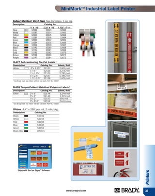 MiniMarkTM Industrial Label Printer

Indoor/Outdoor Vinyl Tape Tape Cartridges, 1 per pkg.
Description                                Catalog No.
                        4" x 110'         2.25" x 110' 1.125" x 110'
Clear                    52086              52073        52060
White                    52087              52074        52062
Yellow                   52090              52075        52063
Red                      52091              52076        52064
Green                    52093              52077        52065
Blue                     52094              52078        52066
Orange                   52096              52079        52067
Black                    52143              52080        52068
Grey                     52144              52081        52069
Gold                     52145              52082        52070
Brown                    52146              52083        52071
Purple                   52147              52084        52072

B-427 Self-Laminating Die Cut Labels*
Description                      Catalog No.                   Labels/Roll
White                  .5"x 1.25" 52153                         2,800/roll
                       1"x 1"       52155                       3,275/roll
                       1"x 1.25"    52156                       2,780/roll
                       1"x 2.5"     52157                       1,485/roll
                       1.5"x 2.5" 52158                         1,000/roll
*Use Brady black wax ribbon with die cut labels. Part No. 105031


B-438 Tamper-Evident Metalized Polyester Labels*
Description                           Catalog No.              Labels/Roll
Silver                 2"x 1"           52148                   1,240/roll
                       3"x 1"           52149                   1,225/roll
                       3"x 2"           52150                   650/roll
                       3"x 110'         52152                   Continuous
*Use Brady black wax ribbon with die cut labels. Part No. 105031


Ribbon 4.4" x 290' per roll, 2 rolls/pkg.
Description                   Catalog No.
Black                             52042
White                             52044
Red                               52045
Blue                              52047
Green                             52059
Black Wax                        105031




      Ships with Surf on SignsTM Software
                                                                                                         Printers




                                                                      www.bradyid.com                    35
 