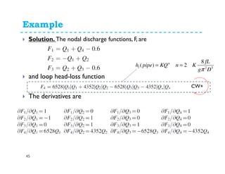 Example
45
Assume initial pipe discharges based on continuity euqtion:
Q1 = 0.5 m3/s
Apply signs to flowrate in eqns
Nodal discharge functions, F, are
Q1+Q4-0.6=F1
- Q1+Q2=F2
Q2+Q3-0.6=F3
Loop head-loss function
K1Q1
2+ K2Q2
2 - K3Q3
2 - K4Q4
2=F4
In = +
Out = -ve
= 0.5
0.5
0.1
0.1
Apply signs (+ or -)
 