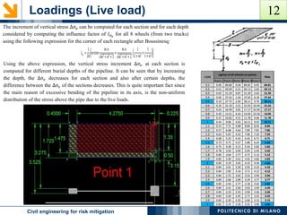 𝐼𝜎𝑧
=
1
2𝜋
𝑎𝑟𝑐𝑡𝑎𝑛
𝑚.𝑛
𝑚2 + 𝑛2 +1
+
𝑚.𝑛
𝑚2 + 𝑛2 +1
.
1
1+ 𝑚2
+
1
1+ 𝑛2
Loadings (Live load)
POLITECNICO DI MILANOCivil engineering for risk mitigation
The increment of vertical stress ∆𝜎𝑣 can be computed for each section and for each depth
considered by computing the influence factor of 𝐼 𝜎 𝑣
for all 8 wheels (from two trucks)
using the following expression for the corner of each rectangle after Boussinesq:
Using the above expression, the vertical stress increment ∆𝜎𝑣 at each section is
computed for different burial depths of the pipeline. It can be seen that by increasing
the depth, the ∆𝜎𝑣 decreases for each section and also after certain depths, the
difference between the ∆𝜎𝑣 of the sections decreases. This is quite important fact since
the main reason of excessive bending of the pipeline in its axis, is the non-uniform
distribution of the stress above the pipe due to the live loads.
Point 1 Point 2 Point 3Point 4Point 5
0.1 0.00 84.80 0.04 84.81 0.45 84.81
0.2 0.01 69.09 0.31 69.13 2.60 69.13
0.3 0.03 51.29 0.87 51.39 5.63 51.39
0.4 0.06 37.43 1.64 37.64 8.18 37.64
0.5 0.10 27.75 2.46 28.11 9.76 28.11
0.6 0.16 21.10 3.21 21.63 10.44 21.63
0.7 0.23 16.49 3.81 17.17 10.50 17.17
0.8 0.30 13.21 4.24 14.04 10.18 14.04
0.9 0.37 10.82 4.51 11.78 9.66 11.78
1 0.44 9.06 4.65 10.11 9.05 10.11
1.1 0.51 7.71 4.68 8.84 8.42 8.84
1.2 0.57 6.68 4.64 7.85 7.81 7.85
1.3 0.63 5.87 4.55 7.06 7.24 7.24
1.4 0.68 5.23 4.42 6.42 6.71 6.71
1.5 0.72 4.71 4.27 5.88 6.24 6.24
1.6 0.75 4.28 4.11 5.43 5.82 5.82
1.7 0.78 3.93 3.94 5.05 5.45 5.45
1.8 0.80 3.64 3.77 4.71 5.12 5.12
1.9 0.82 3.39 3.61 4.42 4.82 4.82
2 0.83 3.19 3.45 4.15 4.56 4.56
2.1 0.84 3.01 3.30 3.92 4.33 4.33
2.2 0.84 2.85 3.16 3.71 4.12 4.12
2.3 0.84 2.72 3.02 3.52 3.94 3.94
2.4 0.84 2.60 2.89 3.34 3.77 3.77
2.5 0.84 2.50 2.77 3.18 3.62 3.62
2.6 0.84 2.41 2.66 3.03 3.49 3.49
2.7 0.83 2.33 2.55 2.90 3.36 3.36
2.8 0.83 2.26 2.45 2.77 3.25 3.25
2.9 0.82 2.20 2.35 2.66 3.15 3.15
3 0.81 2.14 2.26 2.55 3.06 3.06
z (m)
sigmaz of all wheels on points
Max
12
 