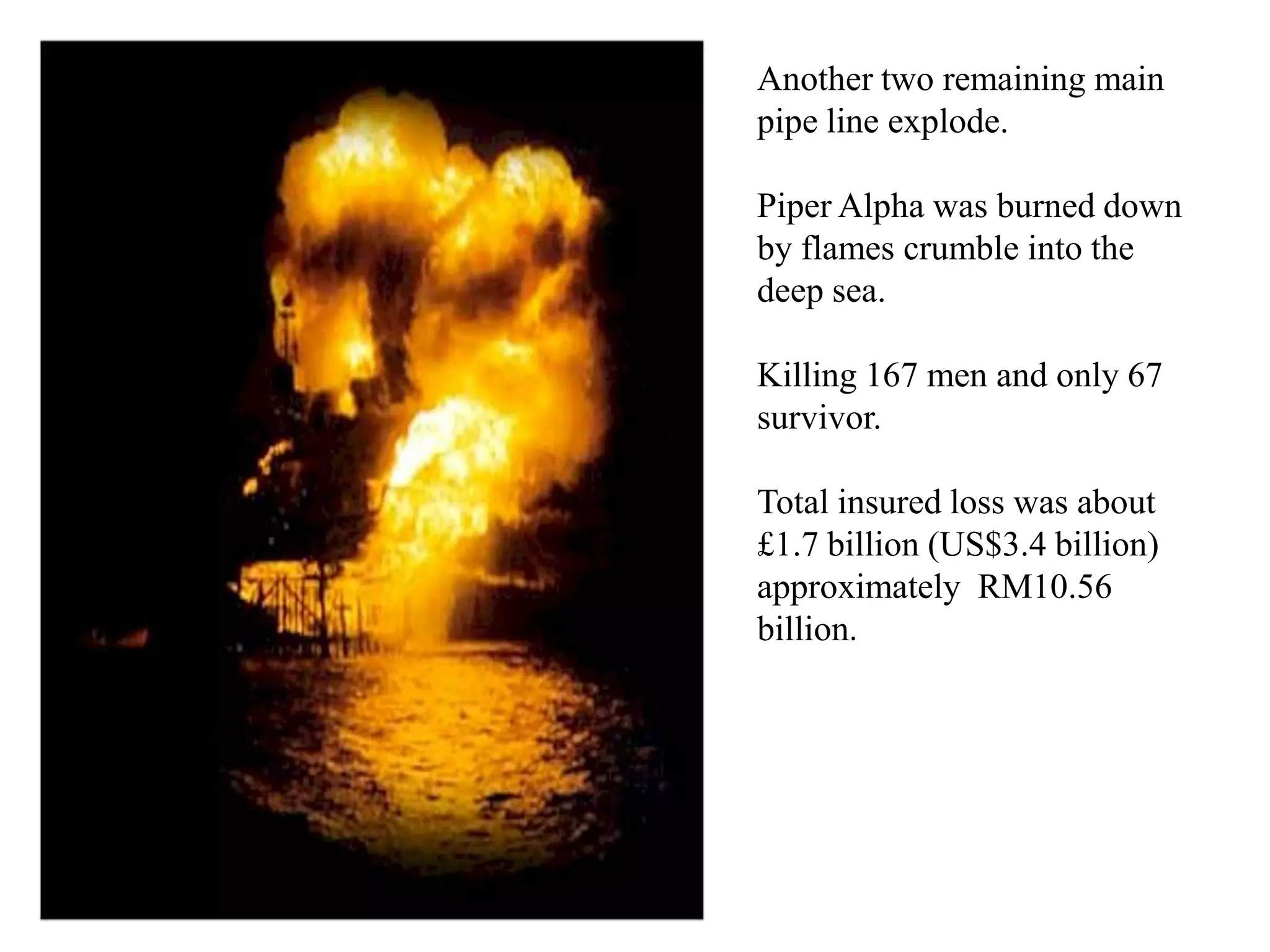 Another two remaining main
pipe line explode.

Piper Alpha was burned down
by flames crumble into the
deep sea.

Killing 167 men and only 67
survivor.

Total insured loss was about
£1.7 billion (US$3.4 billion)
approximately RM10.56
billion.
 