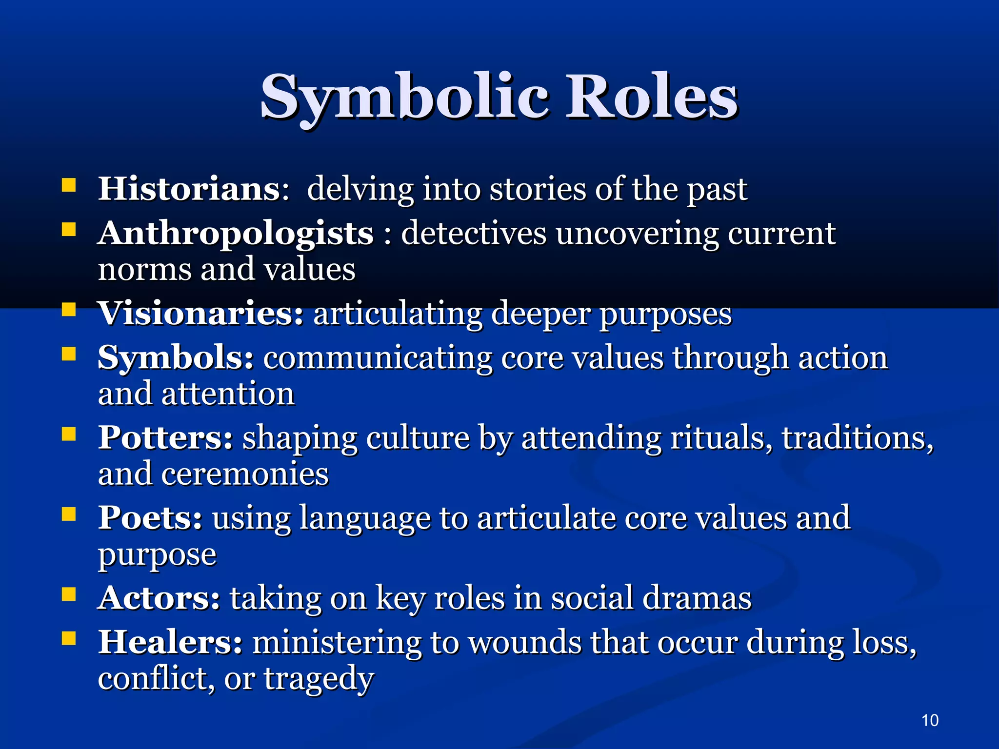 10 
SSyymmbboolliicc RRoolleess 
 HHiissttoorriiaannss:: ddeellvviinngg iinnttoo ssttoorriieess ooff tthhee ppaasstt 
 AAnntthhrrooppoollooggiissttss :: ddeetteeccttiivveess uunnccoovveerriinngg ccuurrrreenntt 
nnoorrmmss aanndd vvaalluueess 
 VViissiioonnaarriieess:: aarrttiiccuullaattiinngg ddeeeeppeerr ppuurrppoosseess 
 SSyymmbboollss:: ccoommmmuunniiccaattiinngg ccoorree vvaalluueess tthhrroouugghh aaccttiioonn 
aanndd aatttteennttiioonn 
 PPootttteerrss:: sshhaappiinngg ccuullttuurree bbyy aatttteennddiinngg rriittuuaallss,, ttrraaddiittiioonnss,, 
aanndd cceerreemmoonniieess 
 PPooeettss:: uussiinngg llaanngguuaaggee ttoo aarrttiiccuullaattee ccoorree vvaalluueess aanndd 
ppuurrppoossee 
 AAccttoorrss:: ttaakkiinngg oonn kkeeyy rroolleess iinn ssoocciiaall ddrraammaass 
 HHeeaalleerrss:: mmiinniisstteerriinngg ttoo wwoouunnddss tthhaatt ooccccuurr dduurriinngg lloossss,, 
ccoonnfflliicctt,, oorr ttrraaggeeddyy 
 