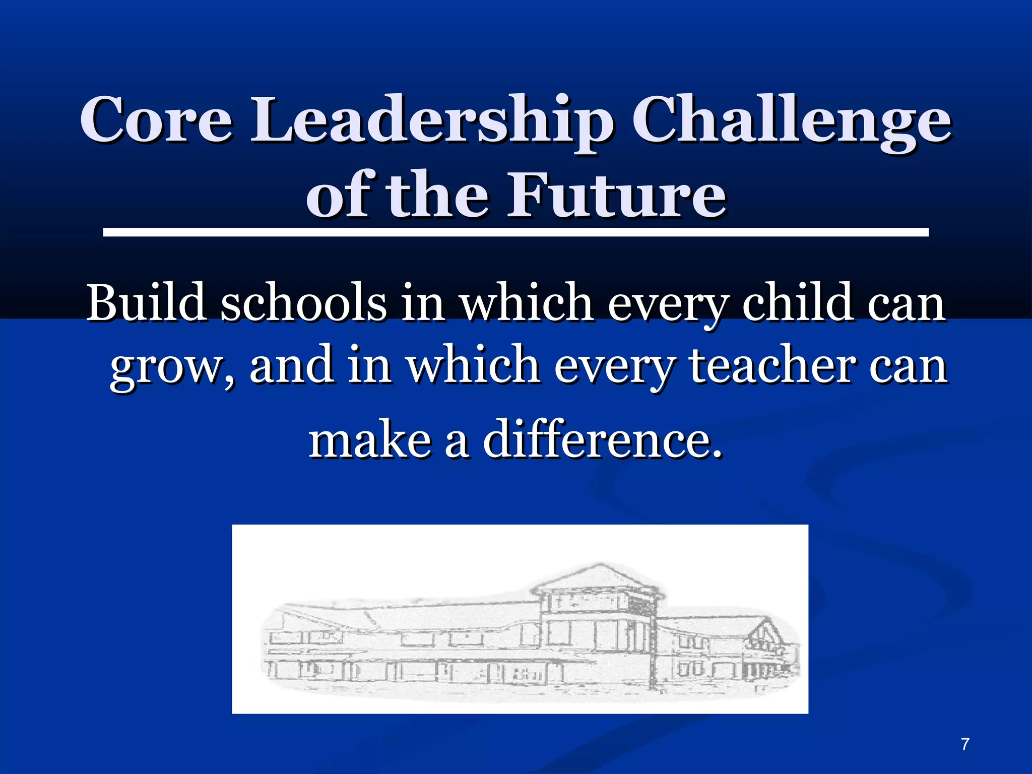 7 
CCoorree LLeeaaddeerrsshhiipp CChhaalllleennggee 
ooff tthhee FFuuttuurree 
BBuuiilldd sscchhoooollss iinn wwhhiicchh eevveerryy cchhiilldd ccaann 
ggrrooww,, aanndd iinn wwhhiicchh eevveerryy tteeaacchheerr ccaann 
mmaakkee aa ddiiffffeerreennccee.. 
 