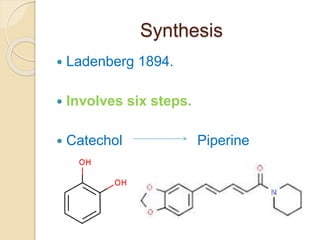 Synthesis
 Ladenberg 1894.
 Involves six steps.
 Catechol Piperine
 