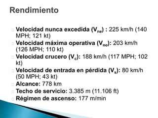 Velocidad nunca excedida (Vne) : 225 km/h (140 
MPH; 121 kt) 
Velocidad máxima operativa (Vno): 203 km/h 
(126 MPH; 110 kt) 
Velocidad crucero (Vc): 188 km/h (117 MPH; 102 
kt) 
Velocidad de entrada en pérdida (Vs): 80 km/h 
(50 MPH; 43 kt) 
Alcance: 778 km 
Techo de servicio: 3.385 m (11.106 ft) 
Régimen de ascenso: 177 m/min 
 