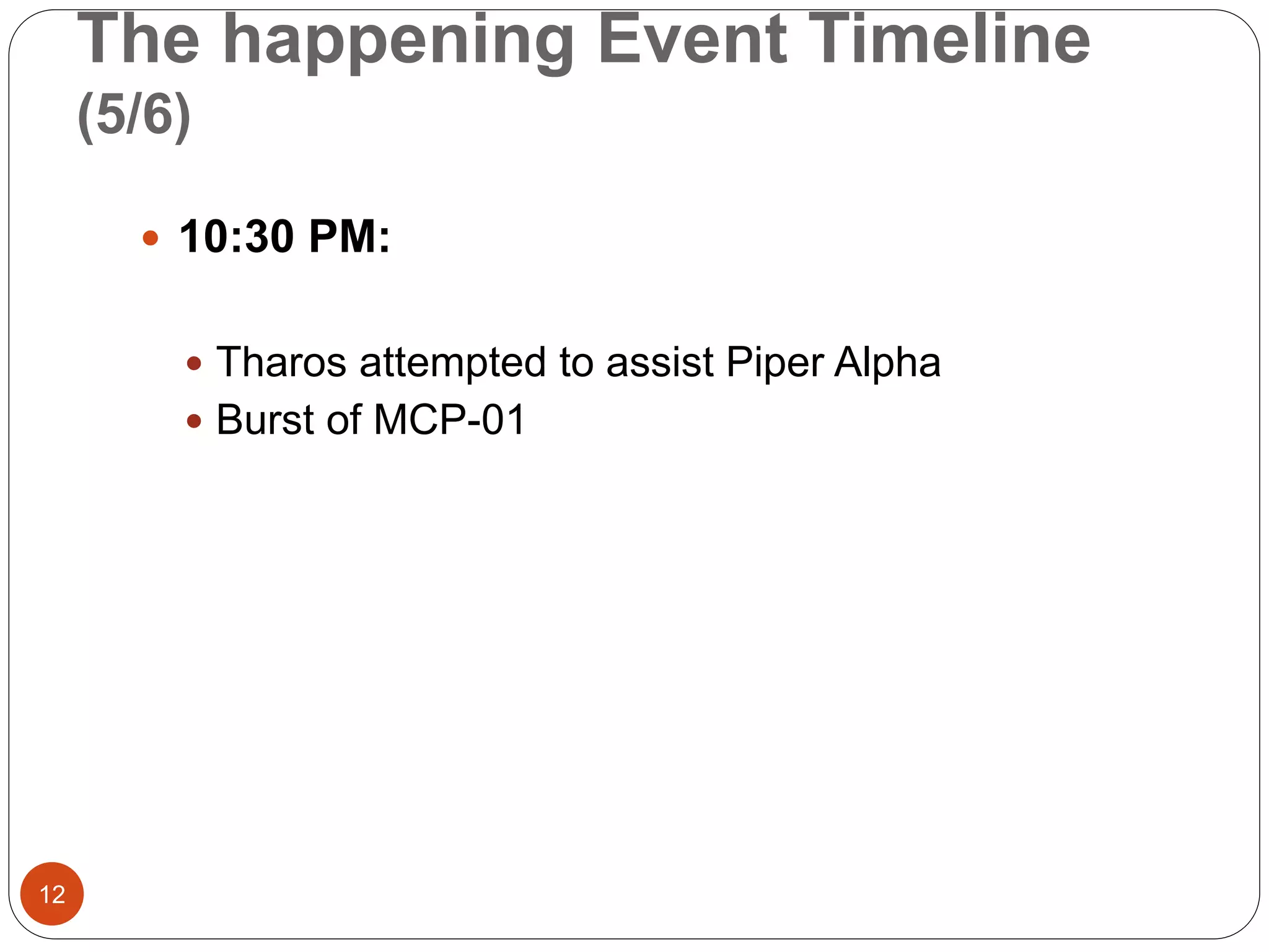 The happening Event Timeline
(5/6)
 10:30 PM:
 Tharos attempted to assist Piper Alpha
 Burst of MCP-01
12
 