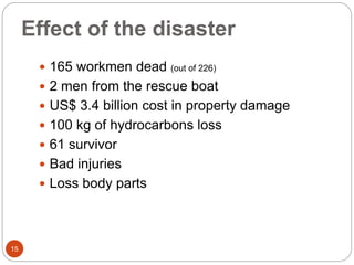 Effect of the disaster
 165 workmen dead (out of 226)
 2 men from the rescue boat
 US$ 3.4 billion cost in property damage
 100 kg of hydrocarbons loss
 61 survivor
 Bad injuries
 Loss body parts
15
 
